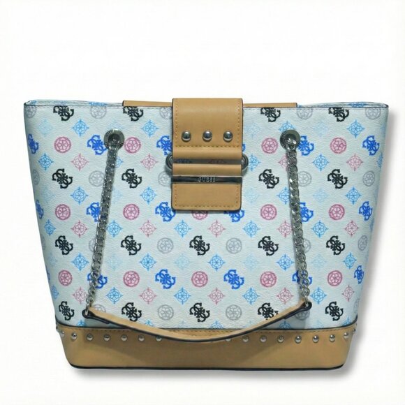 NEW Guess Greta Tote Handbag White Multi Logo Print Faux Leather Tan Trim Studde - Picture 5 of 10